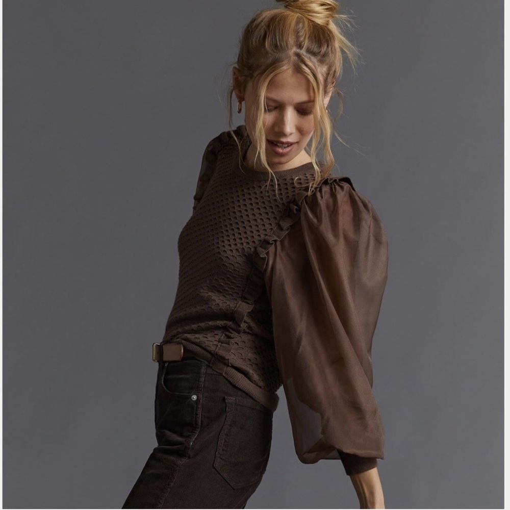 Anthropologie Chocolate Brown Puff‎ Tulle Sleeve Sweater - Picture 2 of 10